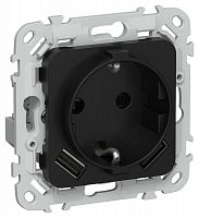 Розетка 1-м СП FLITE РСЮша11-1-ФлЧ 16А с USB A+A 3.1А с заземл. с защ. шторками безвинтовое крепление механизм черн. IEK FI-R14-16-1-U21-D31-K02